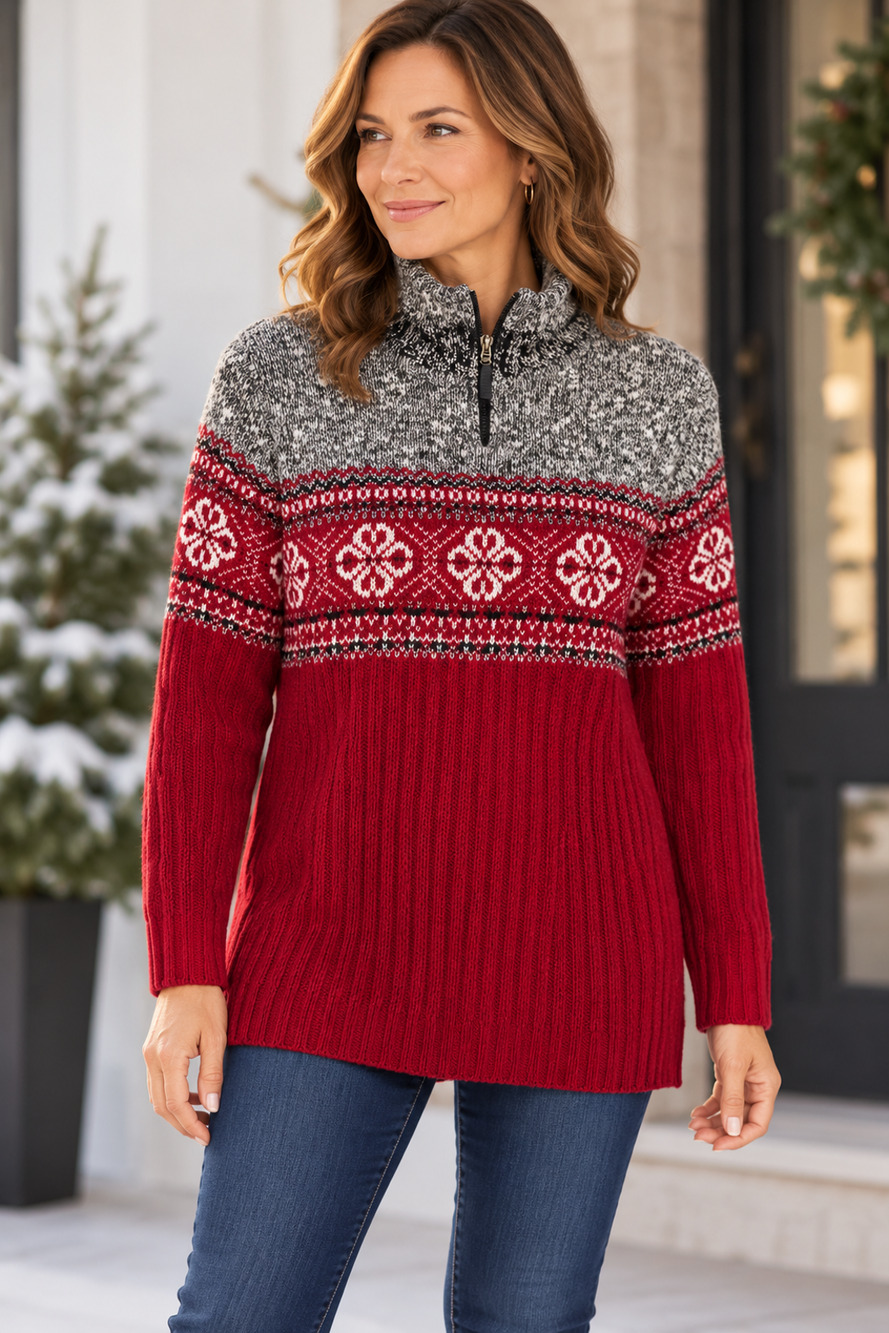 Vintage 90s Carolyn Taylor M Red Fair Isle Chenille Knit 1/4 Zip Sweater